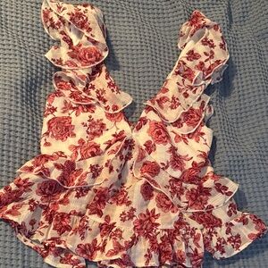 Francesca's Collections White Camisole with Red Rose Print and Ruffle Straps